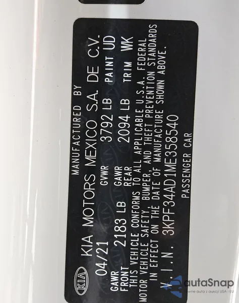 2021 Kia Forte Gt Line из США, поврежденный, VIN 3KPF34AD1ME358540